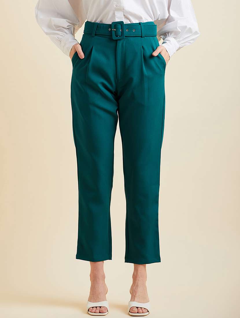 women solid high rise cigarette pants