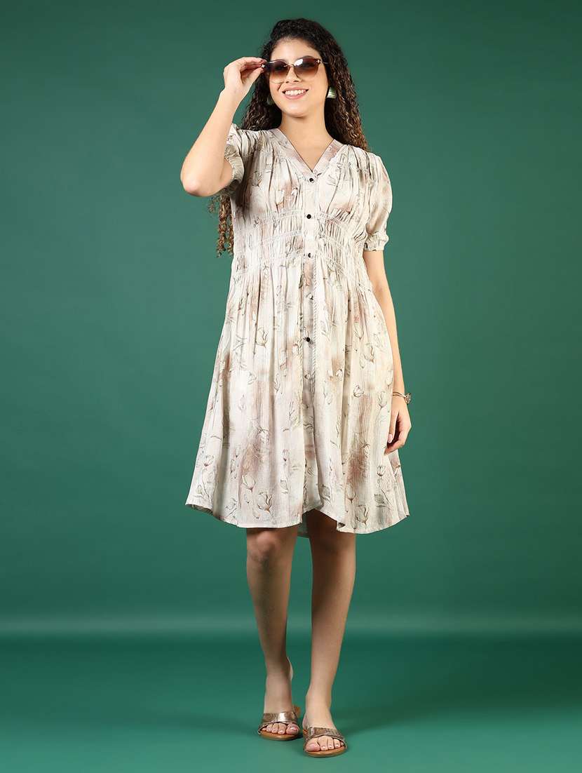 women beige pinted puff sleeve fit & flare dress