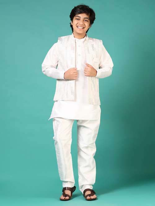 boys solid kurta pyjama with embroidered jacket - 21716709 - Standard Image - 0