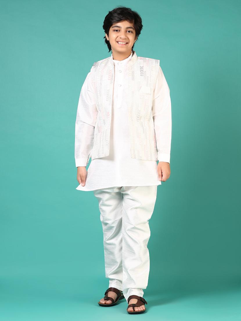 boys solid kurta pyjama with embroidered jacket - 21716709 - Standard Image - 1