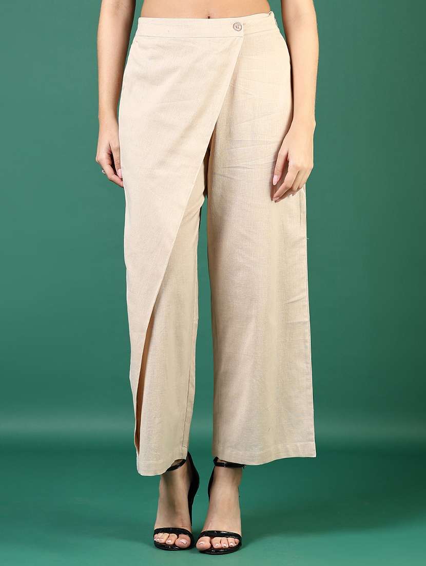 women solid high rise wrap wide leg trouser
