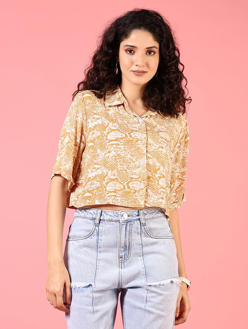 women printed collared crop shirt - 21716734 - Zoom Image - 0
