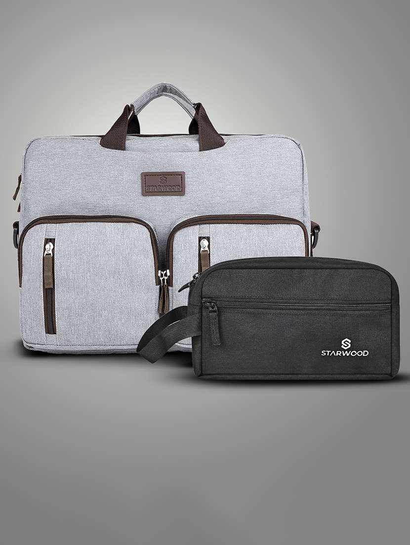 men solid adjustable strap laptopbag with pouch