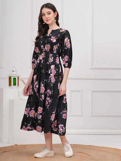 women black floral printed notch neck tiered dress - 21716850 - Standard Image - 0