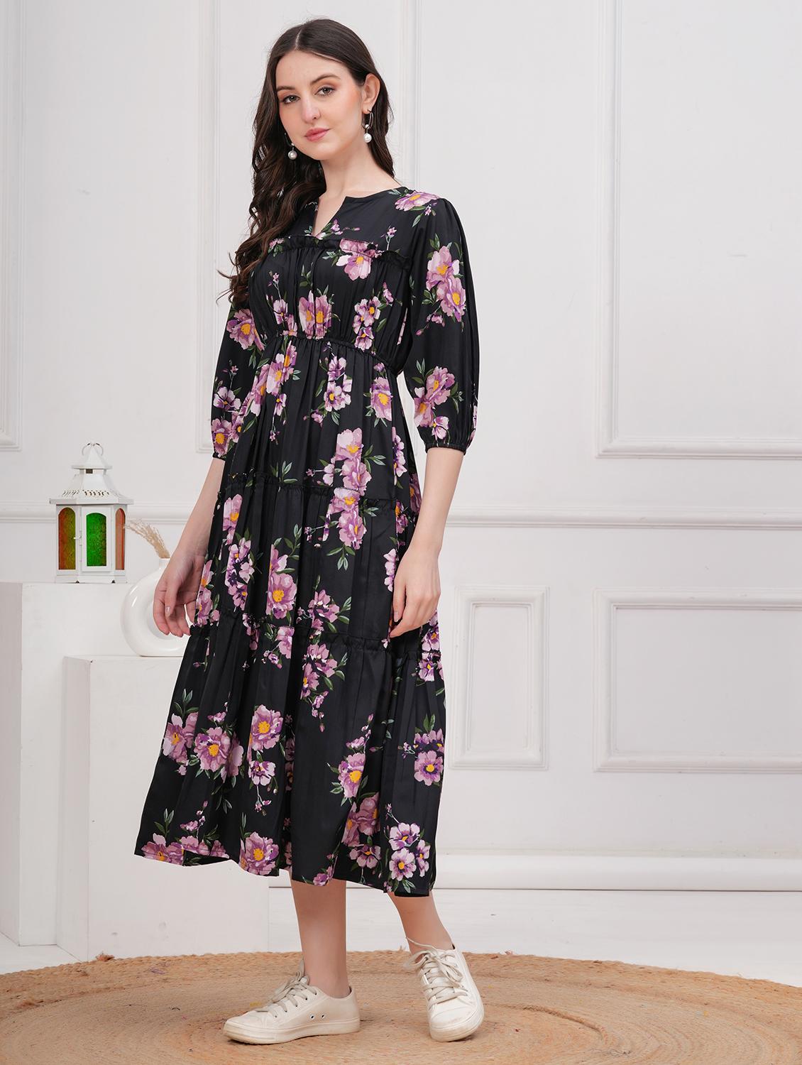 women black floral printed notch neck tiered dress - 21716850 - Zoom Image - 0