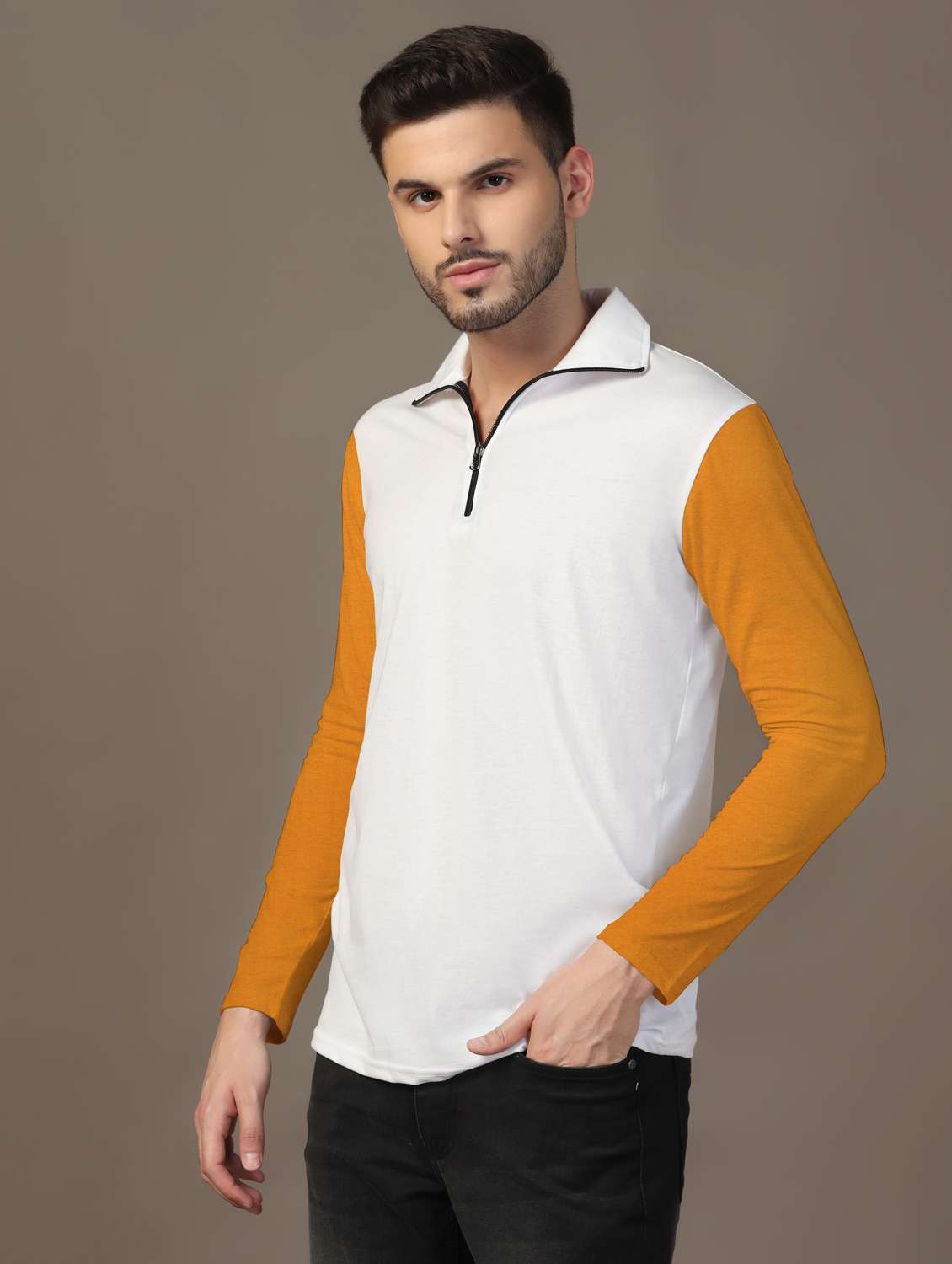 men long sleeves color block polo t-shirt - 21717469 -  Standard Image - 1