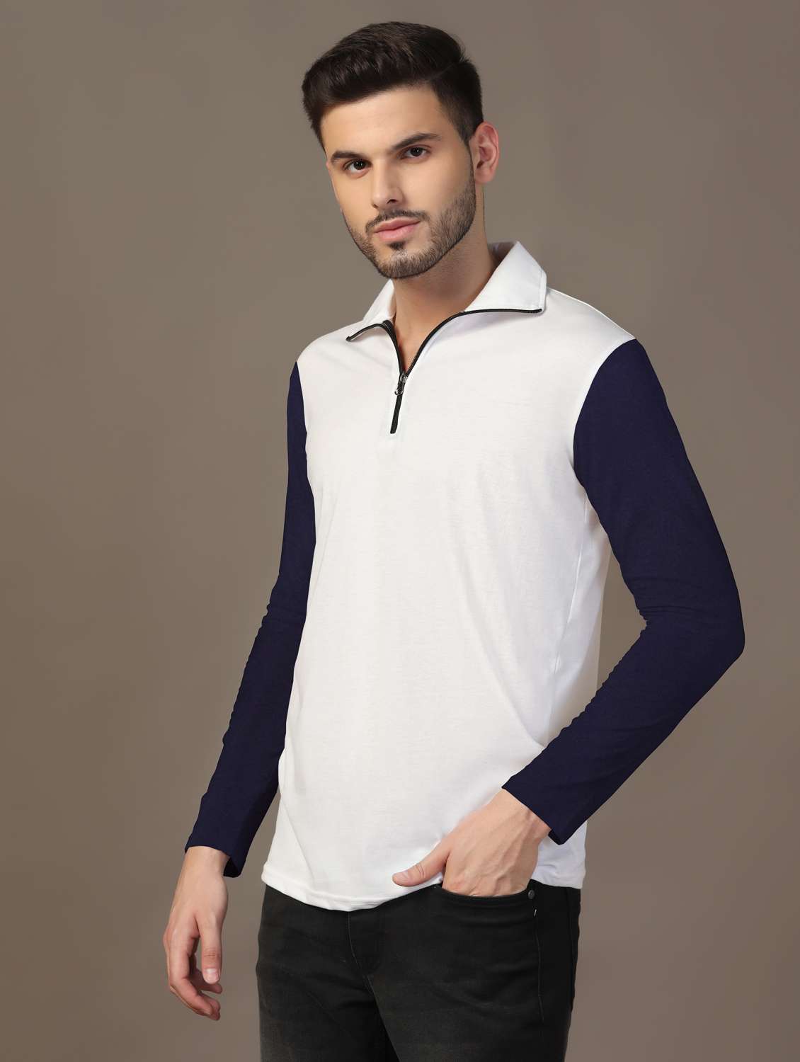 men long sleeves color block polo t-shirt - 21717470 -  Standard Image - 1
