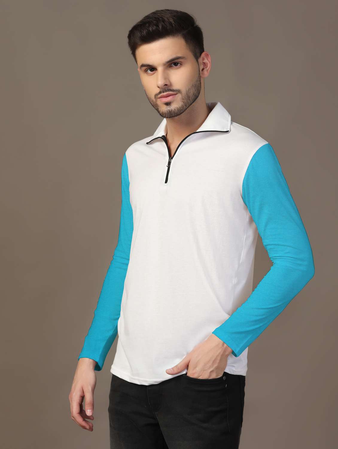 men long sleeves color block polo t-shirt - 21717471 -  Standard Image - 1