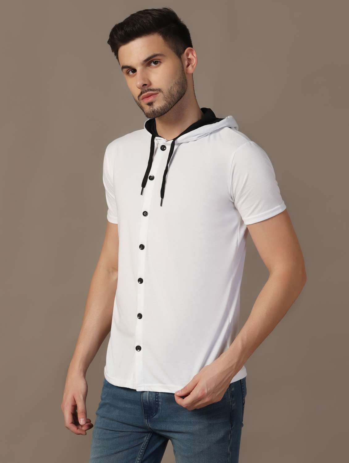 men slim fit short sleeve hooded shirt - 21717543 - Standard Image - 1