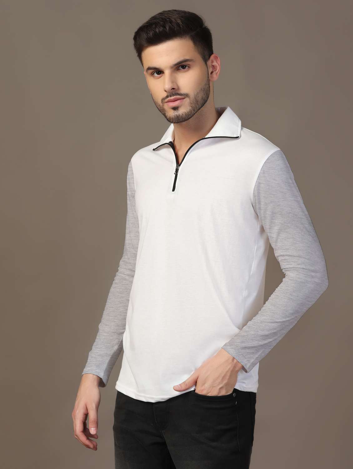men long sleeves color block polo t-shirt - 21717684 -  Standard Image - 1