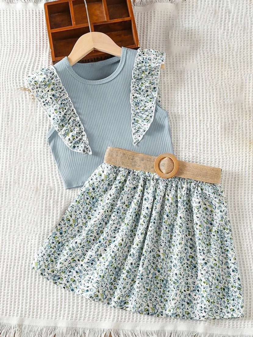girls printed skirt top set