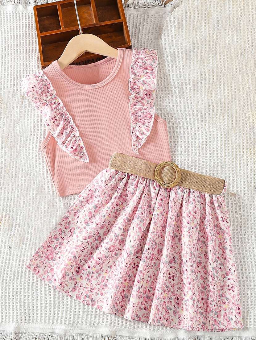 girls floral printed top & skirt set