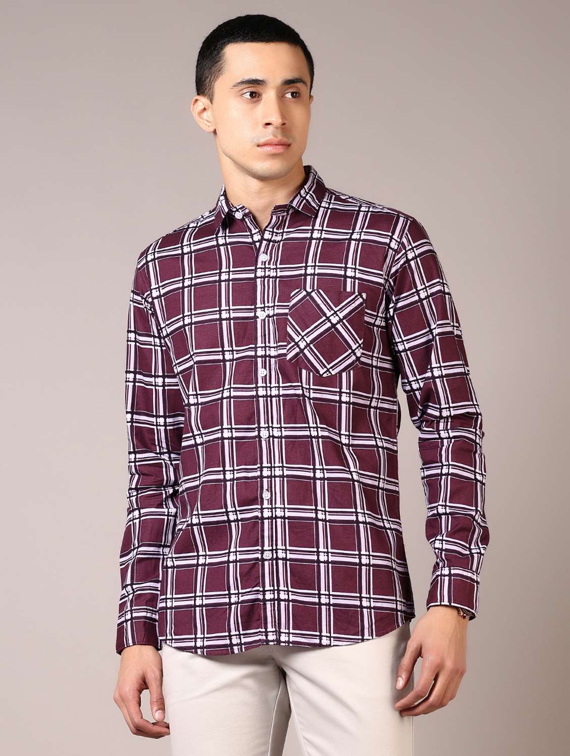 men checks long sleeve casual shirt