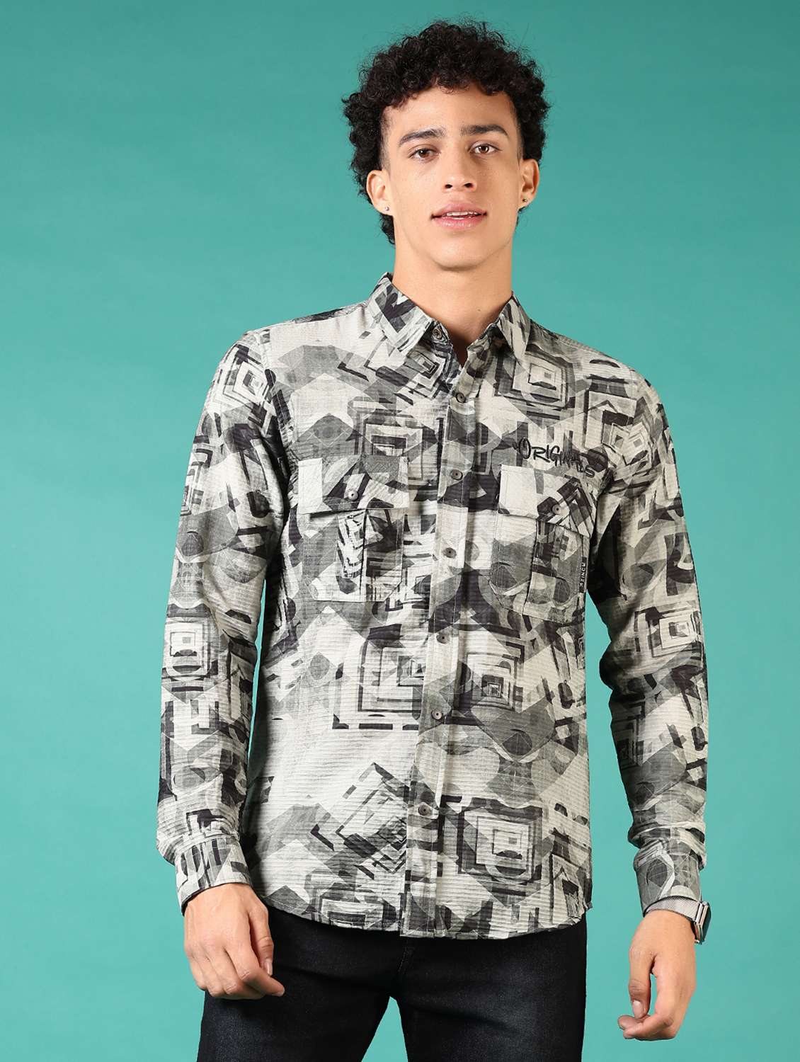 men printed long sleeve casual shirt
