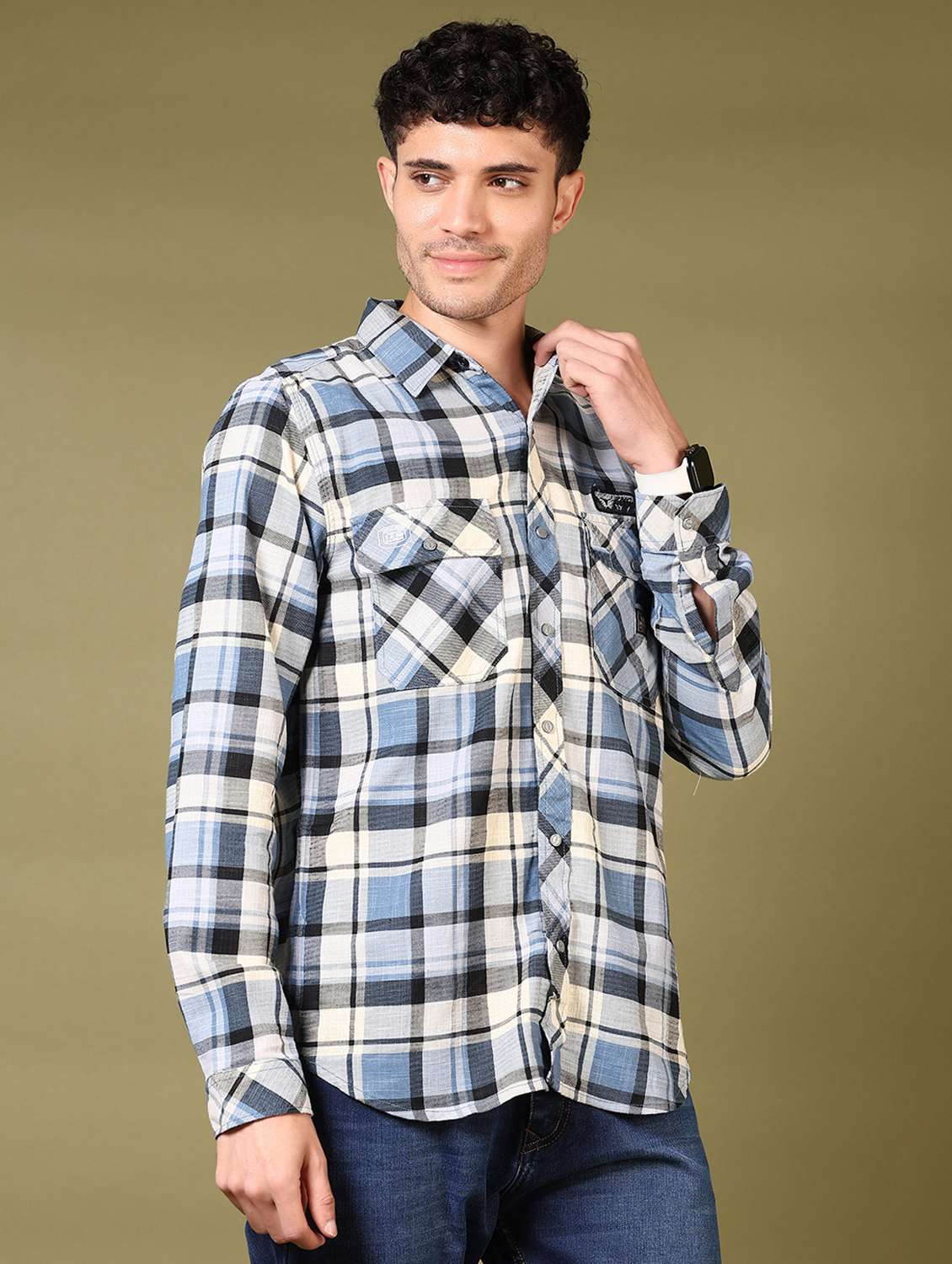 men checks long sleeve casual shirt