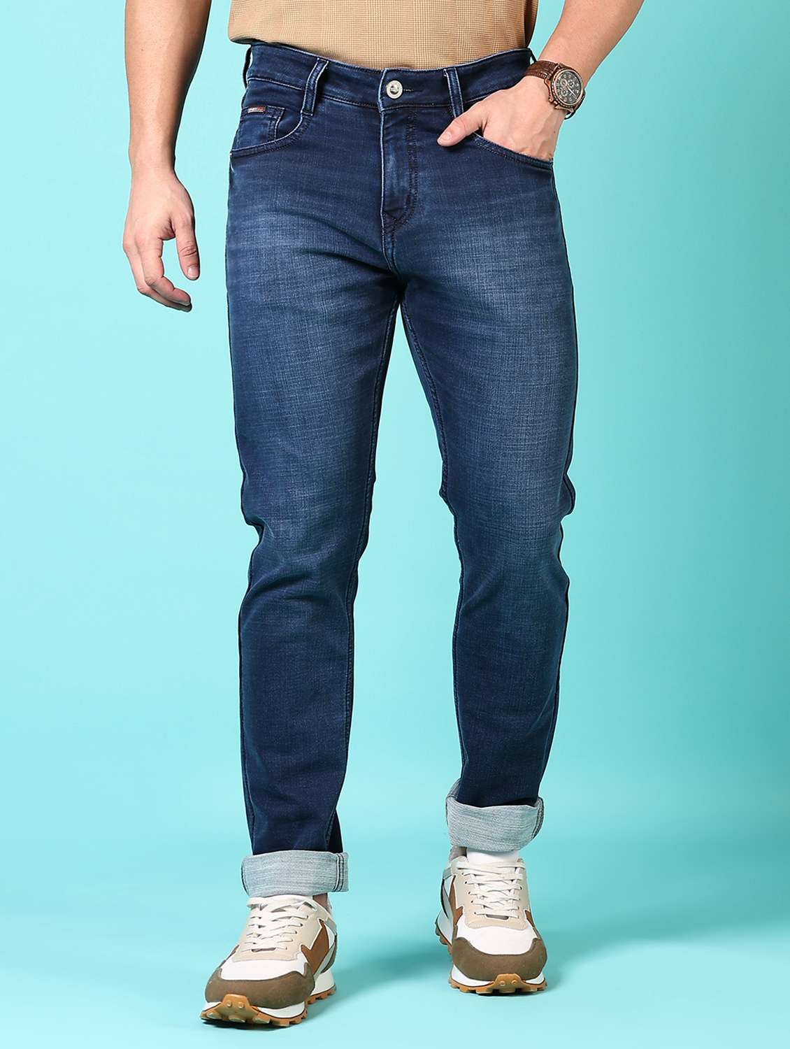 men washed mid rise jeans