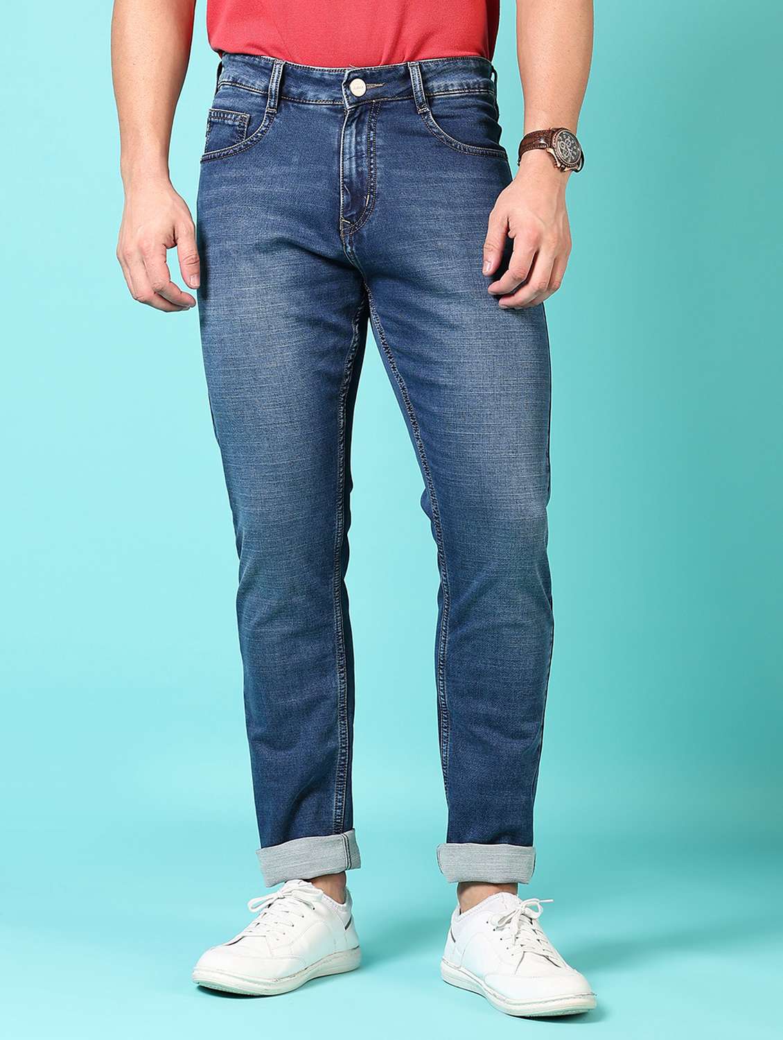 men washed mid rise jeans