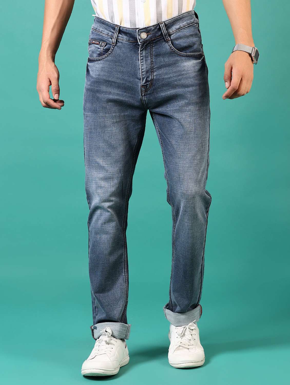 men washed mid rise jeans
