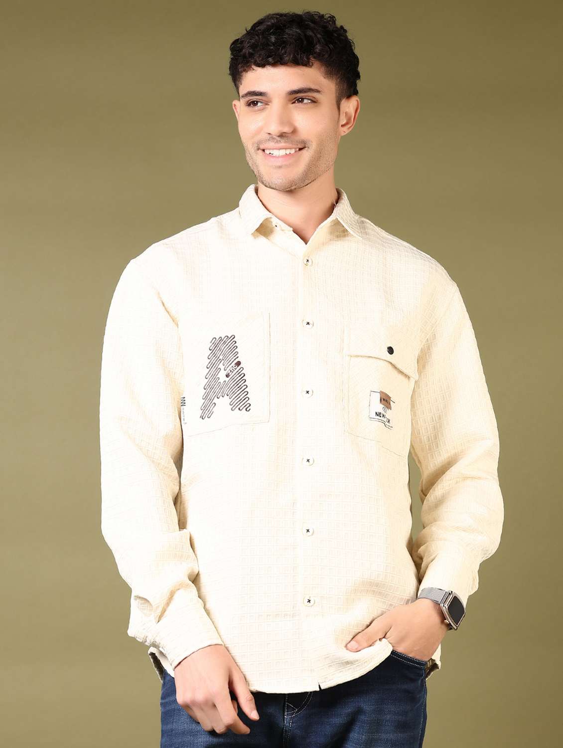 men self design long sleeve casual shirt