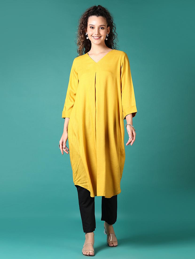 women solid three quarter sleeve a-line kurta - 21718169 -  Zoom Image - 0