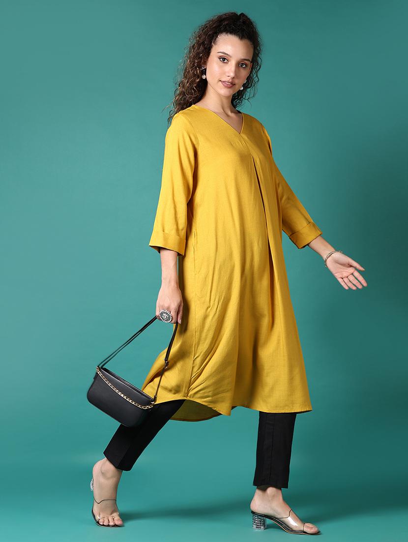 women solid three quarter sleeve a-line kurta - 21718169 - Standard Image - 1