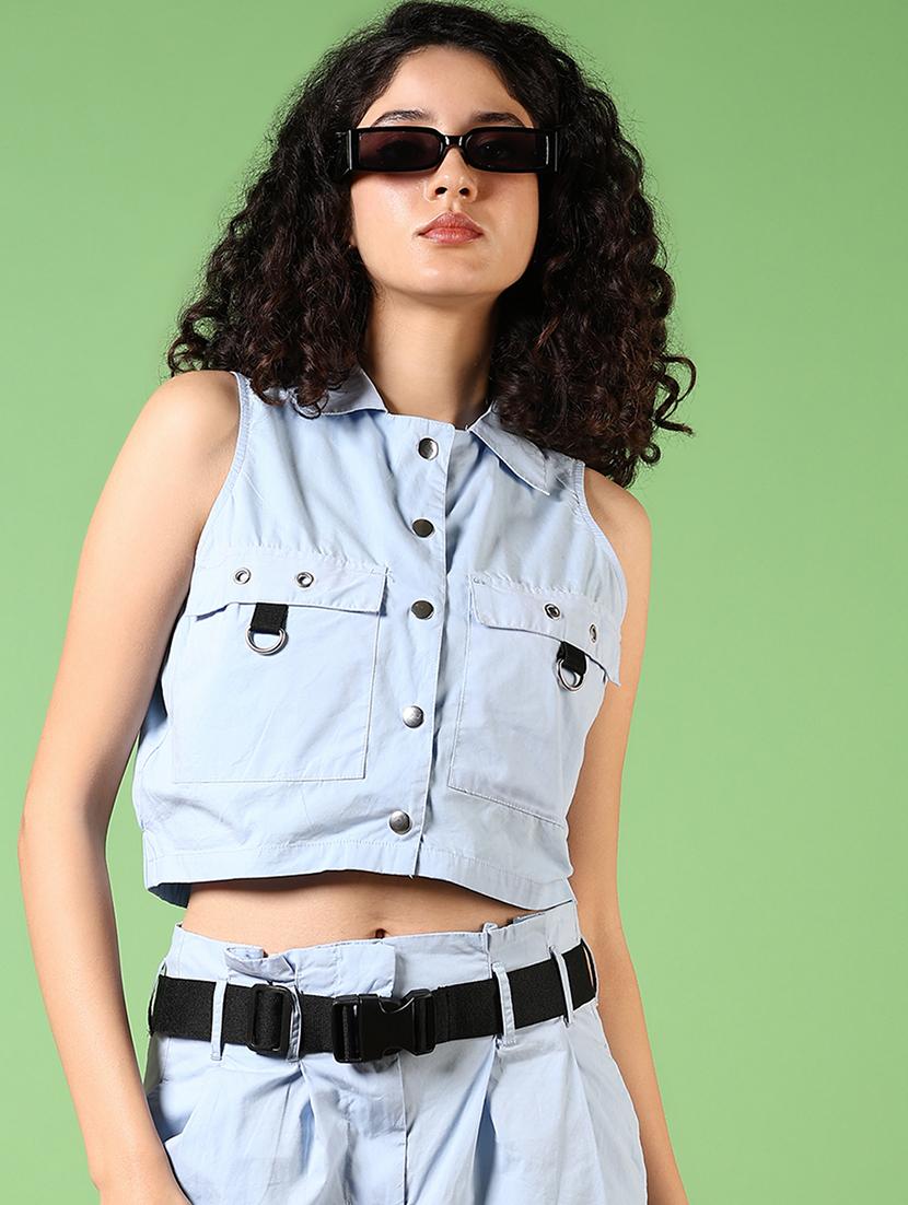 women solid collared sleeveless crop top - 21718172 - Standard Image - 4