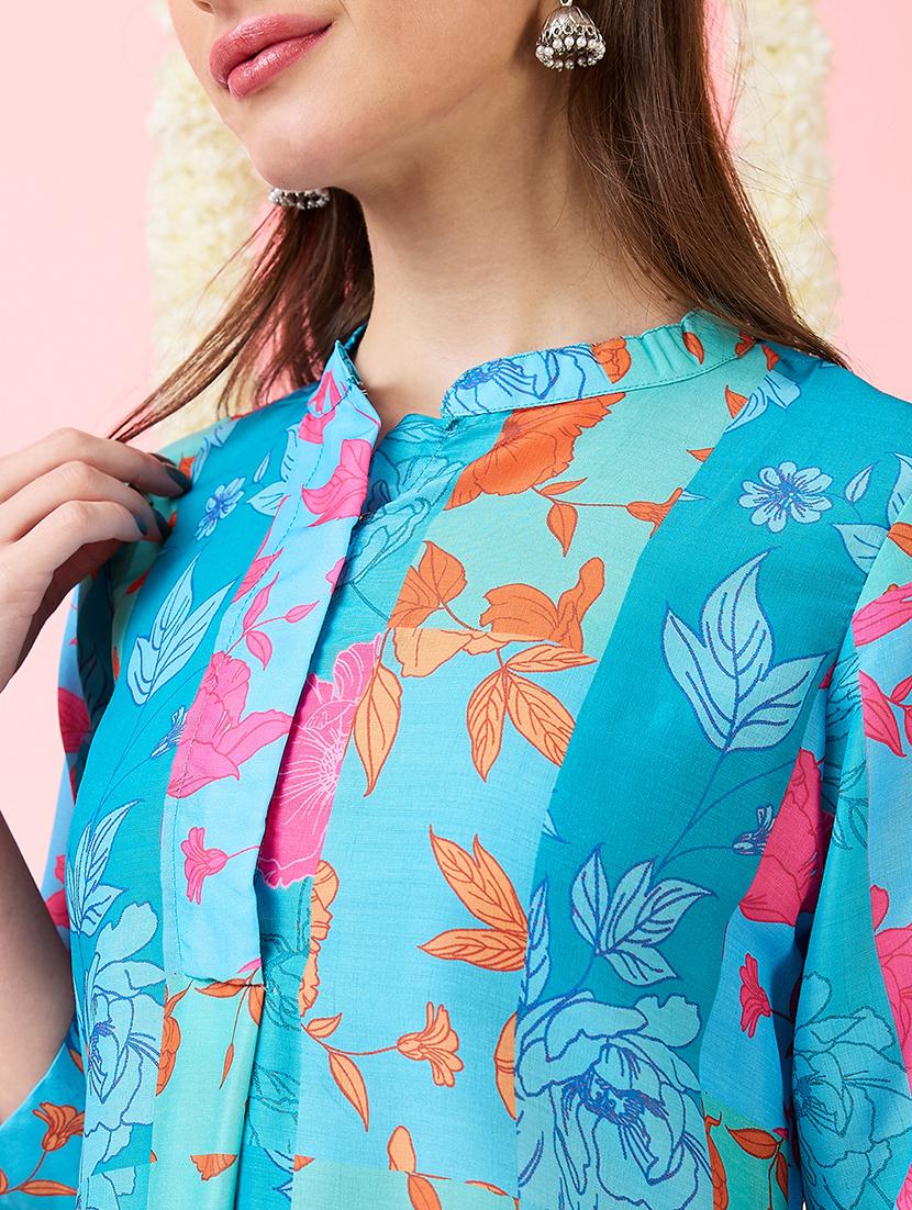 globus women blue floral print mandarin collar high-low hem straight kurta & pants fusion set - 21718297 - Standard Image - 4