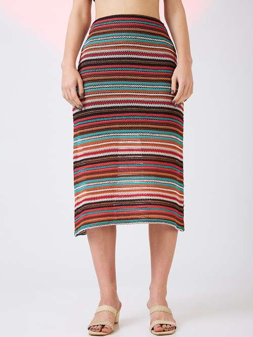 globus women multi colour stripes pattern crochet mid rise straight midi skirt - 21718305 -  Standard Image - 0