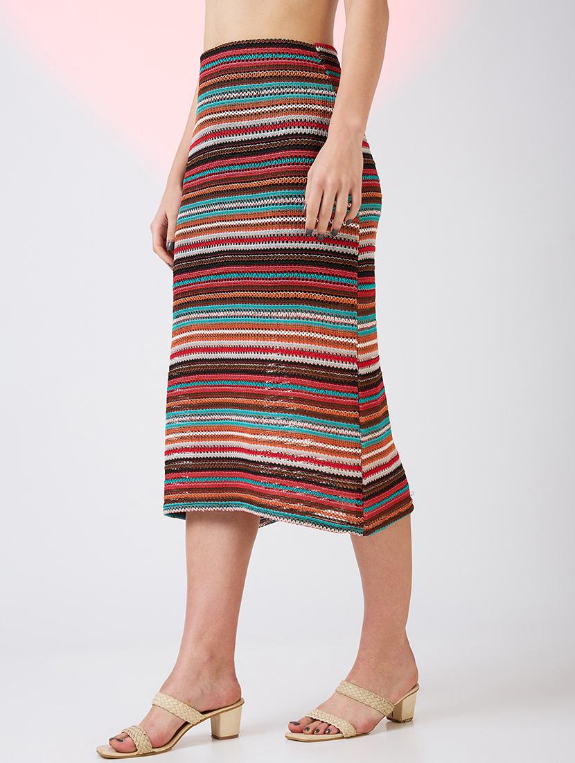 globus women multi colour stripes pattern crochet mid rise straight midi skirt - 21718305 - Standard Image - 1