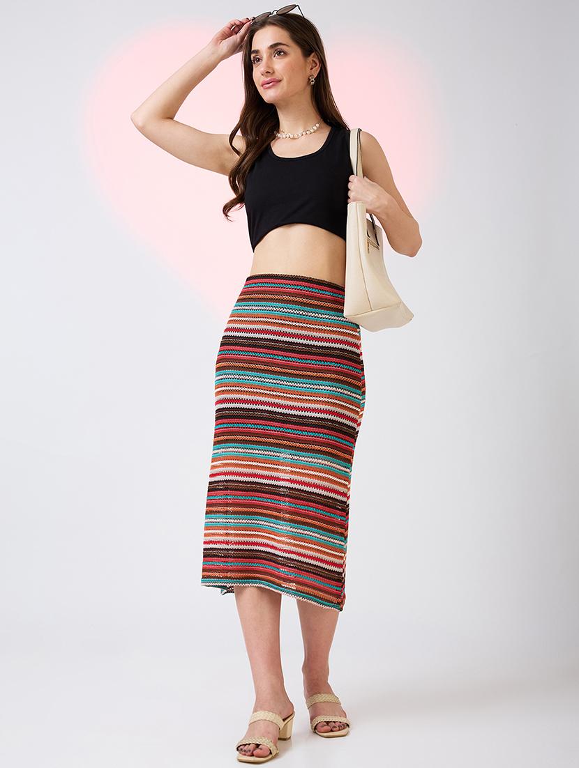 globus women multi colour stripes pattern crochet mid rise straight midi skirt - 21718305 - Standard Image - 4