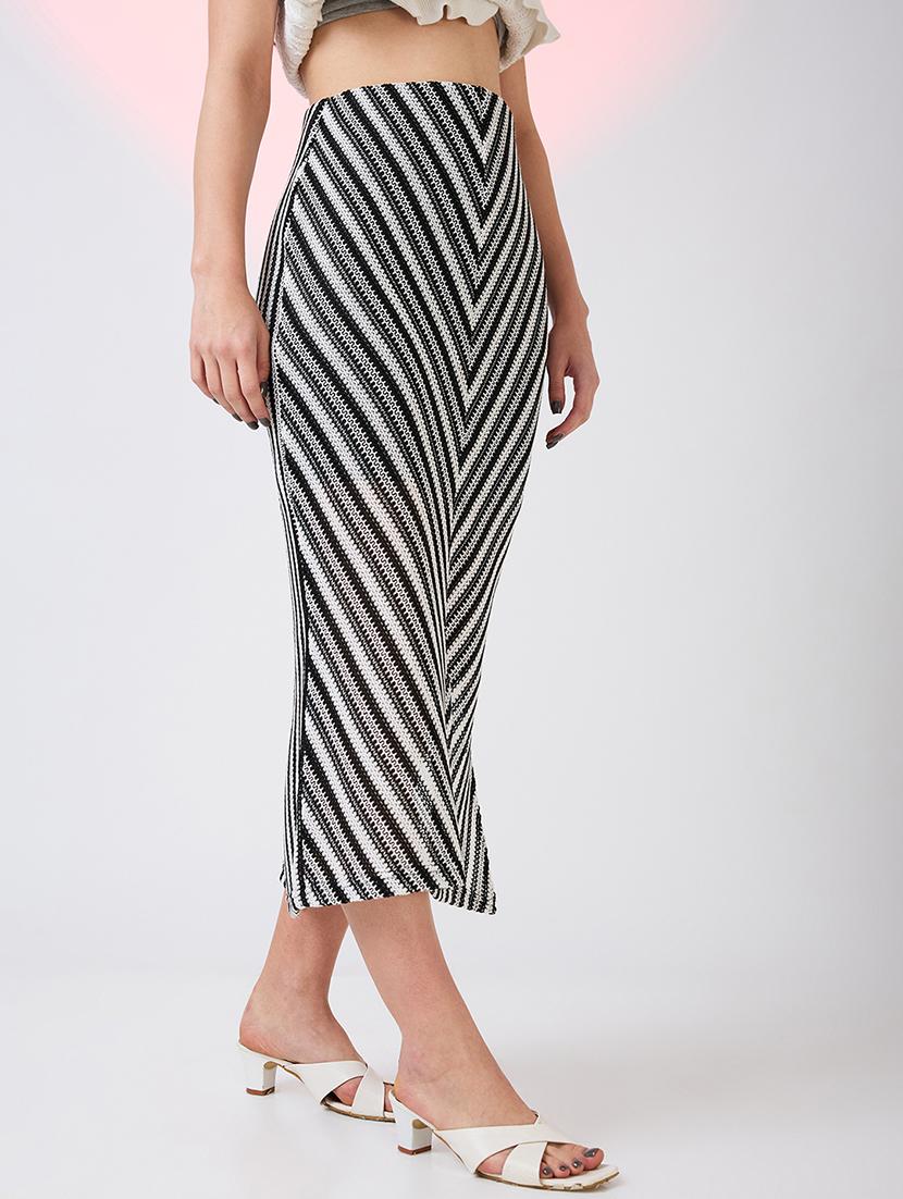 globus women black & white self design crochet mid rise side slit midi pencil skirt - 21718307 -  Standard Image - 1
