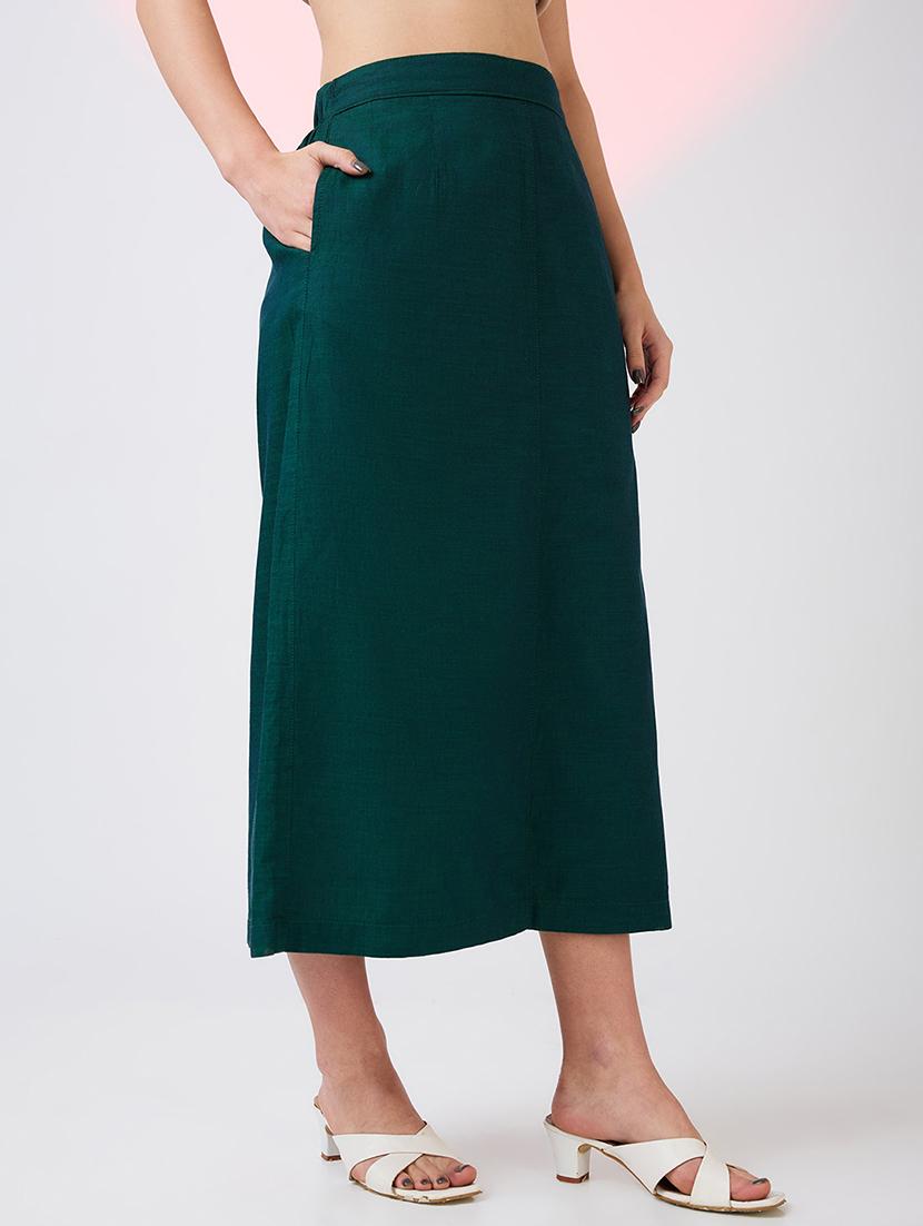 globus women dark green self design mid rise side pockets midi workwear skirt - 21718309 - Standard Image - 1