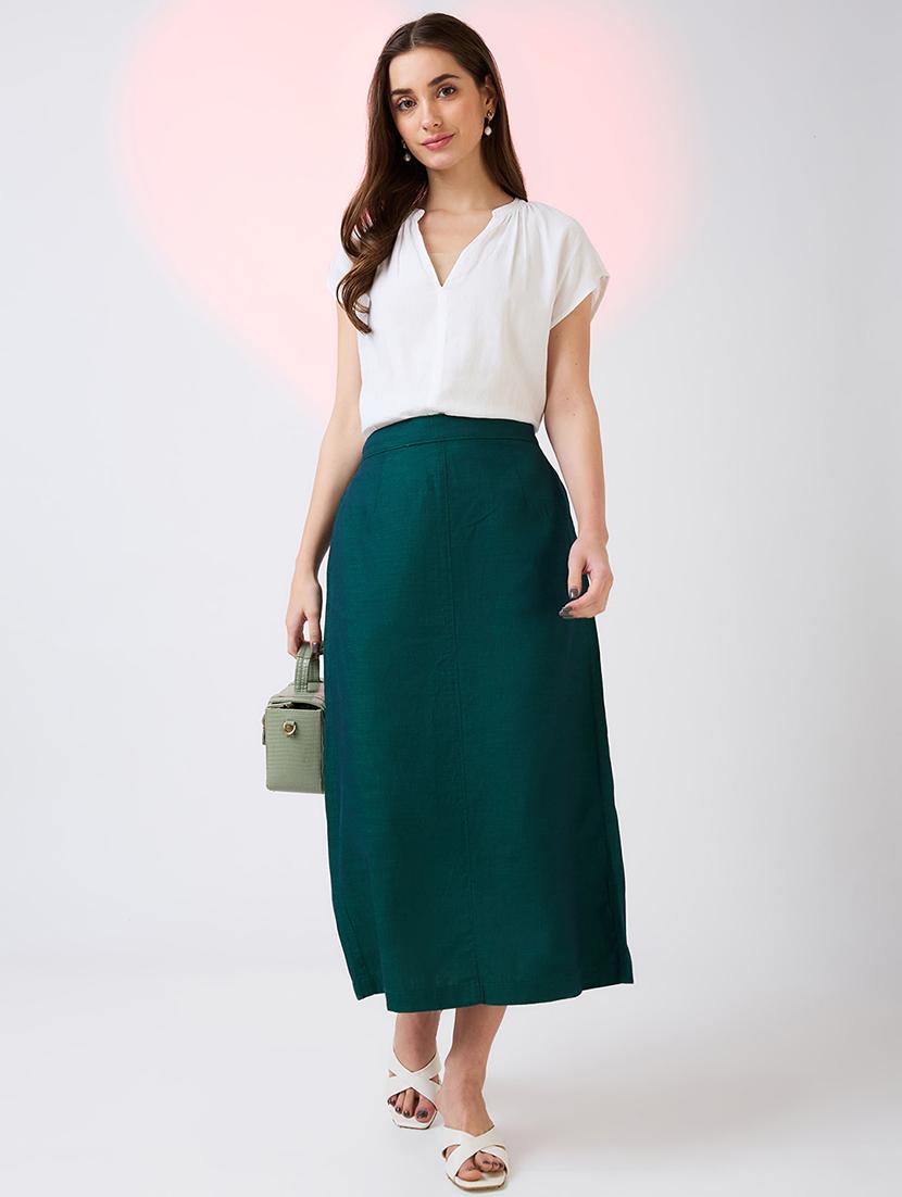globus women dark green self design mid rise side pockets midi workwear skirt - 21718309 - Standard Image - 4