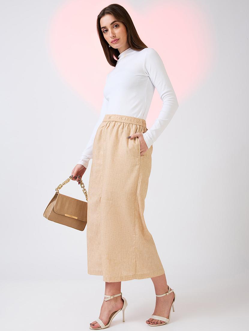globus women beige self design checkered mid rise side pockets midi workwear skirt - 21718310 - Standard Image - 4