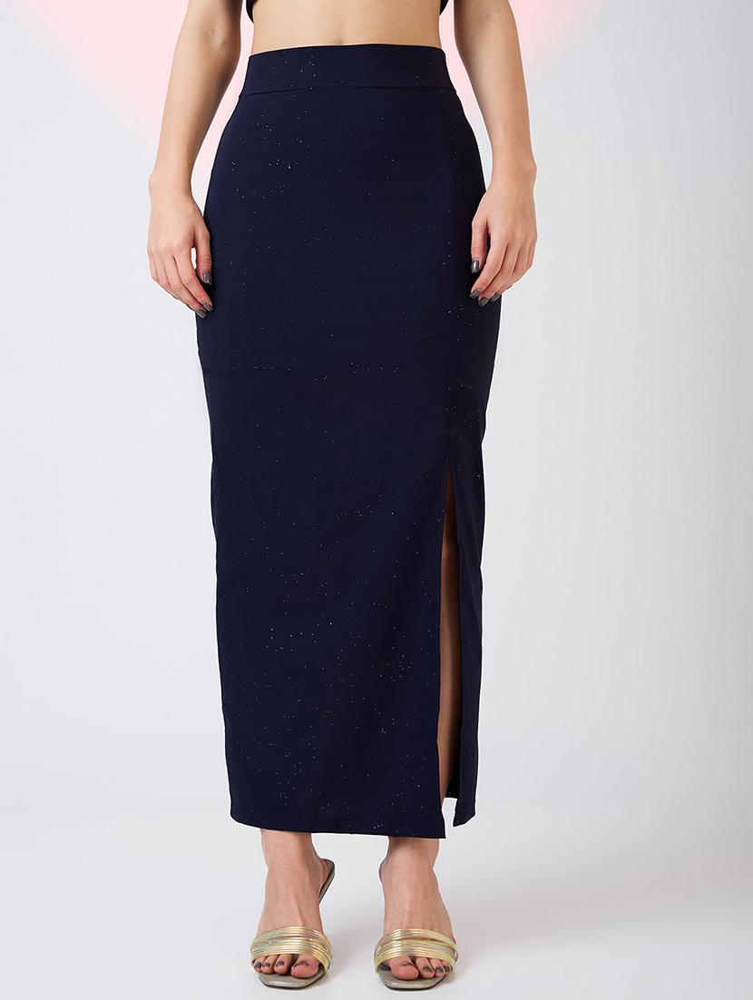 globus women navy high rise side slit bling effect maxi pencil party skirt - 21718312 -  Zoom Image - 0