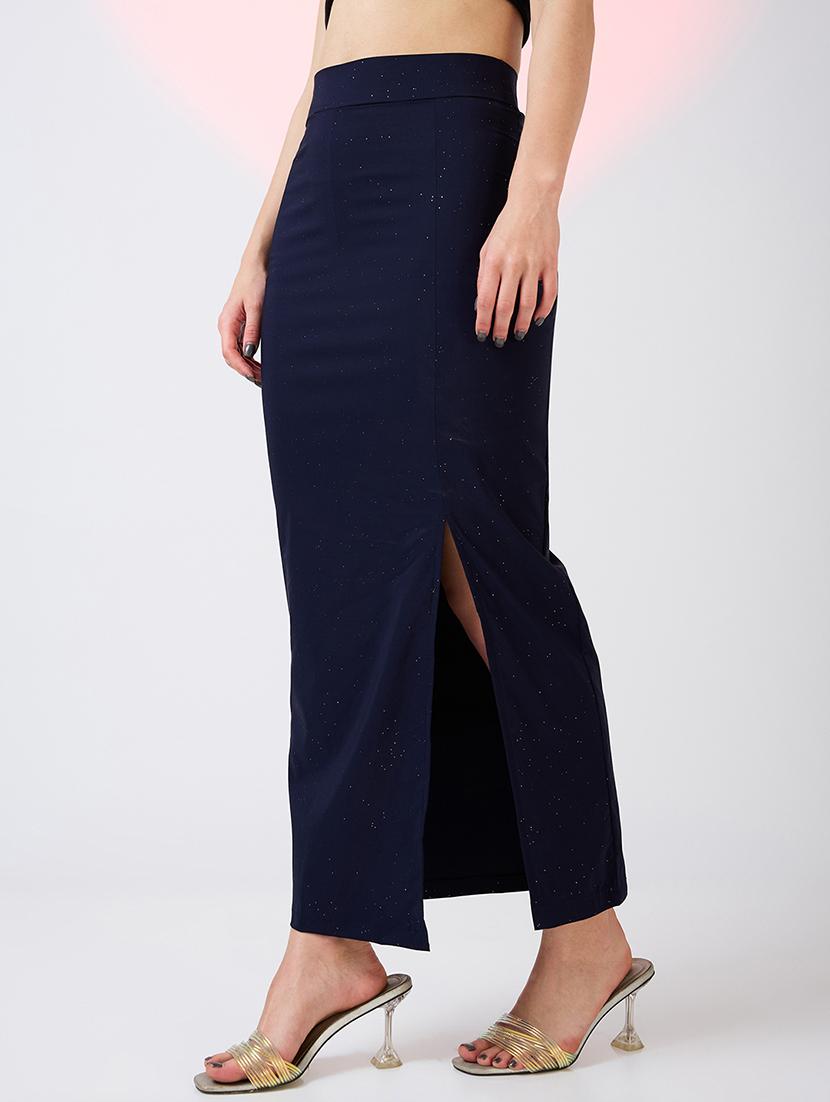globus women navy high rise side slit bling effect maxi pencil party skirt - 21718312 -  Standard Image - 1
