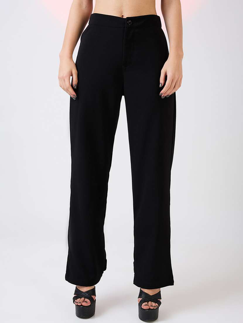 globus women black mid rise relaxed fit adjustable hem workwear korean pants