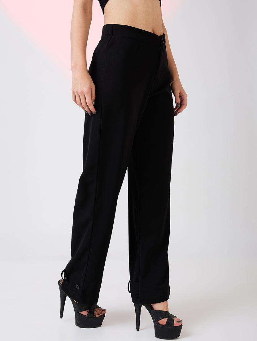 globus women black mid rise relaxed fit adjustable hem workwear korean pants - 21718314 - Standard Image - 1