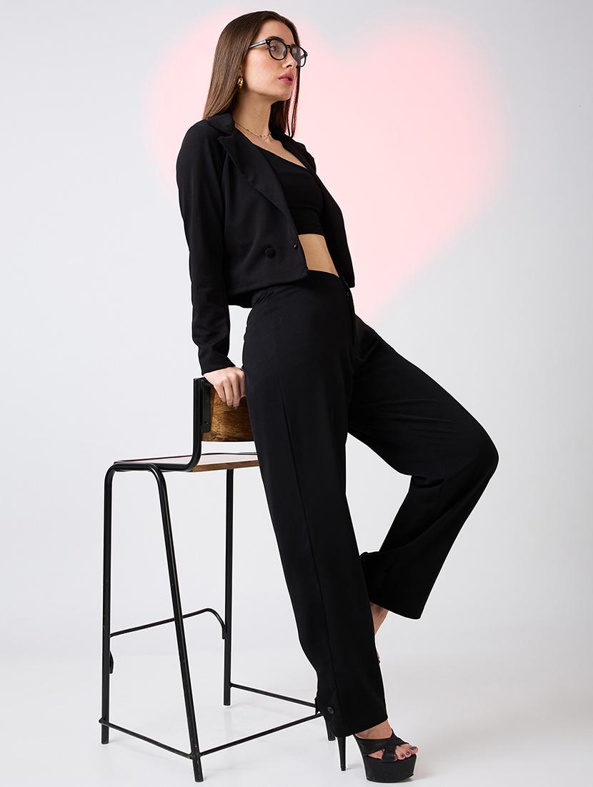 globus women black mid rise relaxed fit adjustable hem workwear korean pants - 21718314 - Standard Image - 4