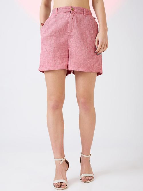 globus women red linen cotton mid-rise partially elasticated button closure mini casual shorts - 21718320 -  Standard Image - 0