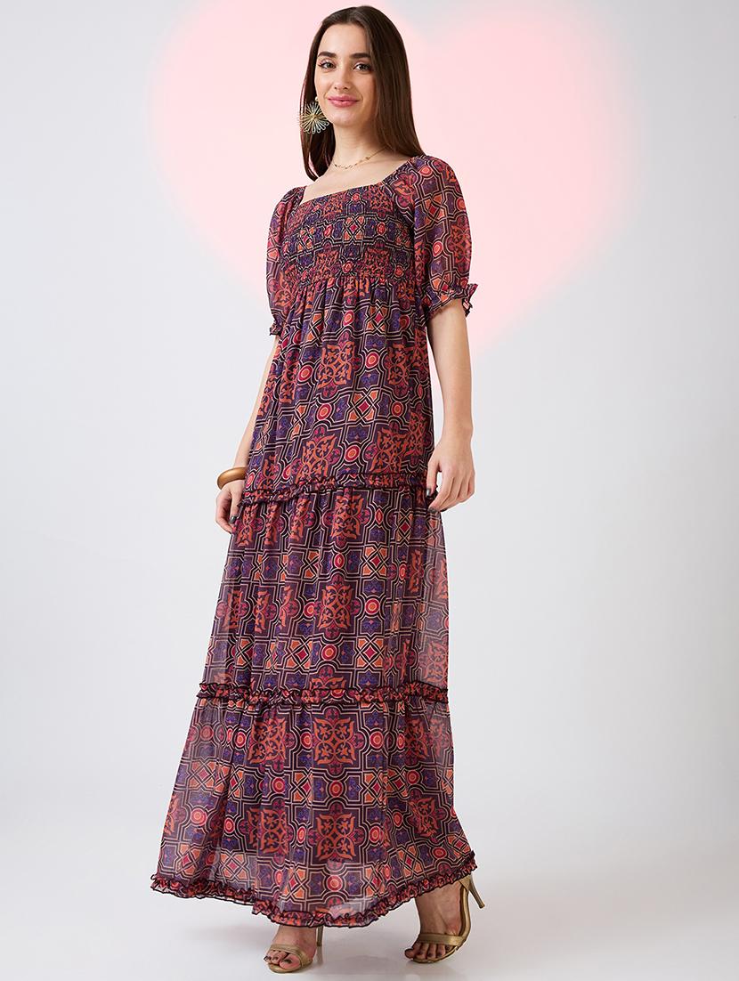 globus women multicolor square neck puff sleeves ethnic print smocked tiered fit & flare maxi dress - 21718321 -  Standard Image - 1