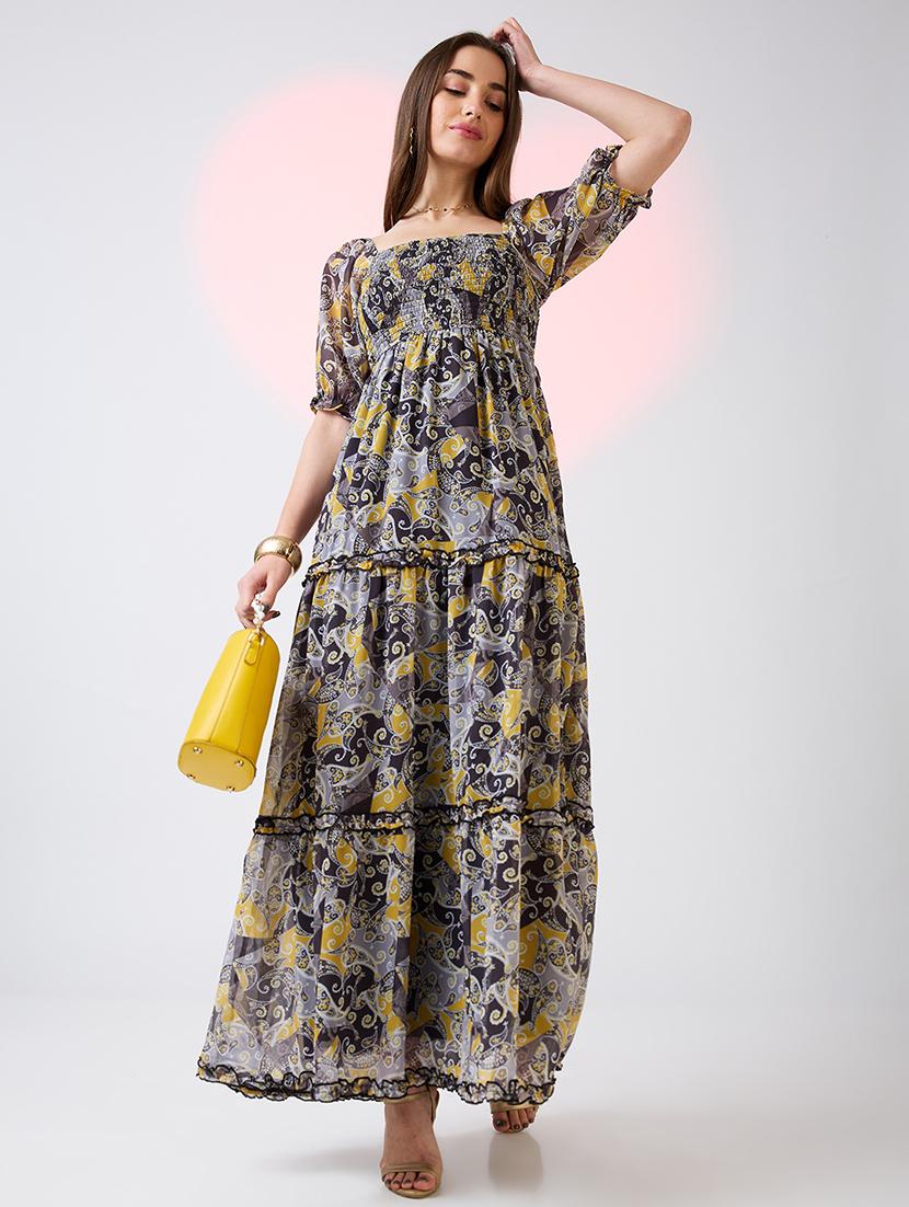 globus women yellow square neck puff sleeves ethnic print smocked tiered fit & flare maxi dress - 21718322 -  Zoom Image - 0