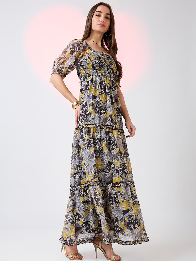globus women yellow square neck puff sleeves ethnic print smocked tiered fit & flare maxi dress - 21718322 -  Standard Image - 1