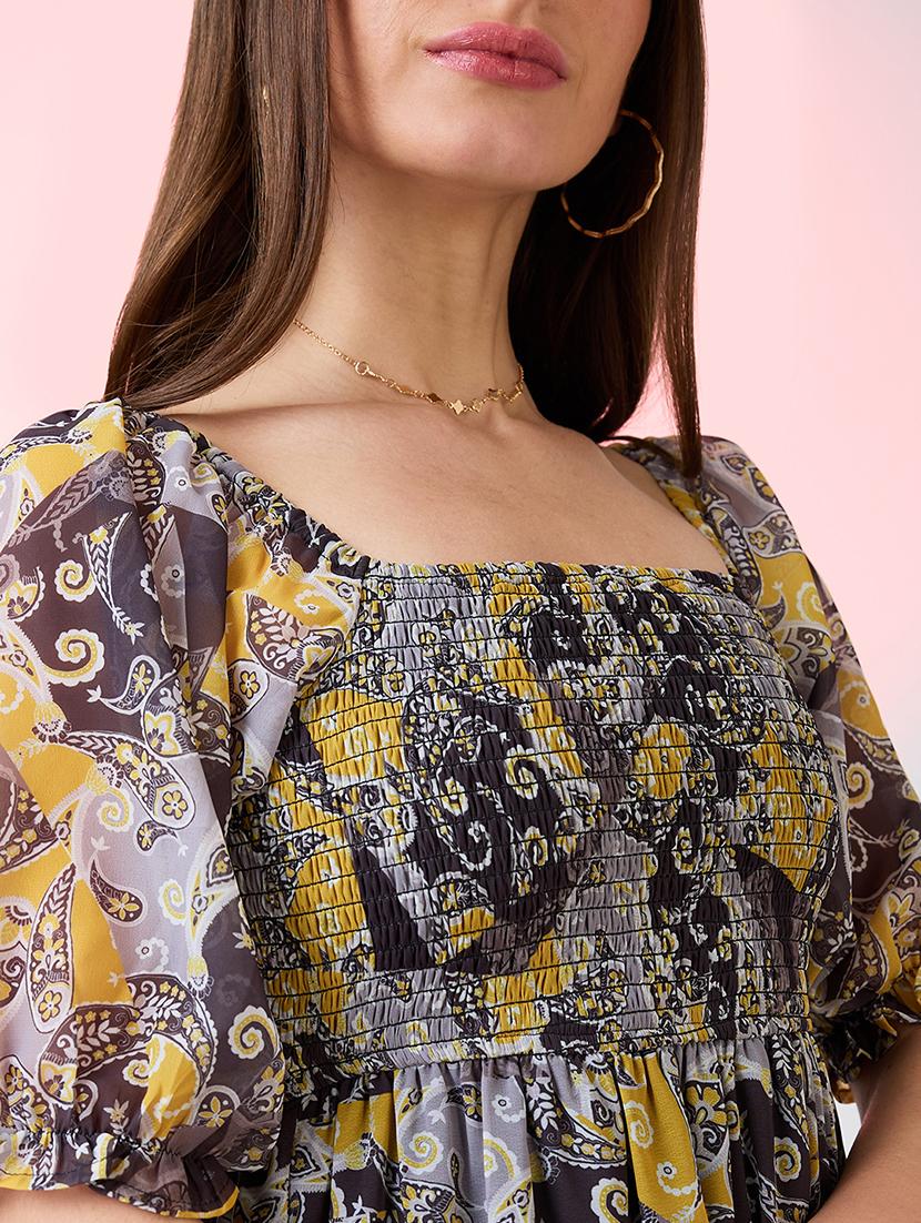 globus women yellow square neck puff sleeves ethnic print smocked tiered fit & flare maxi dress - 21718322 - Standard Image - 4
