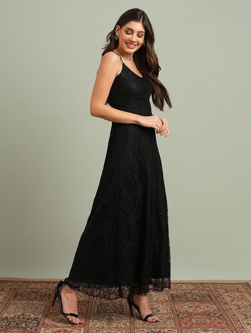 globus women black v-neck back side cross strap cut-out detail lace fit & flare maxi party dress - 21718323 - Standard Image - 1