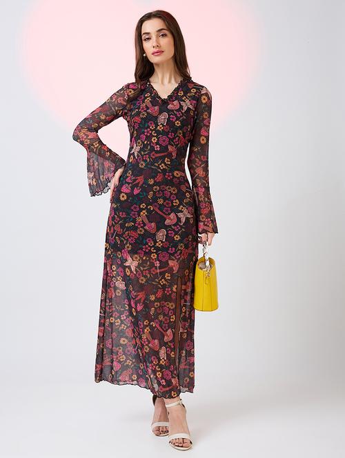 globus women multicolor frilled v-neck bell sleeves floral print front slit net midi bodycon party dress - 21718327 - Standard Image - 0
