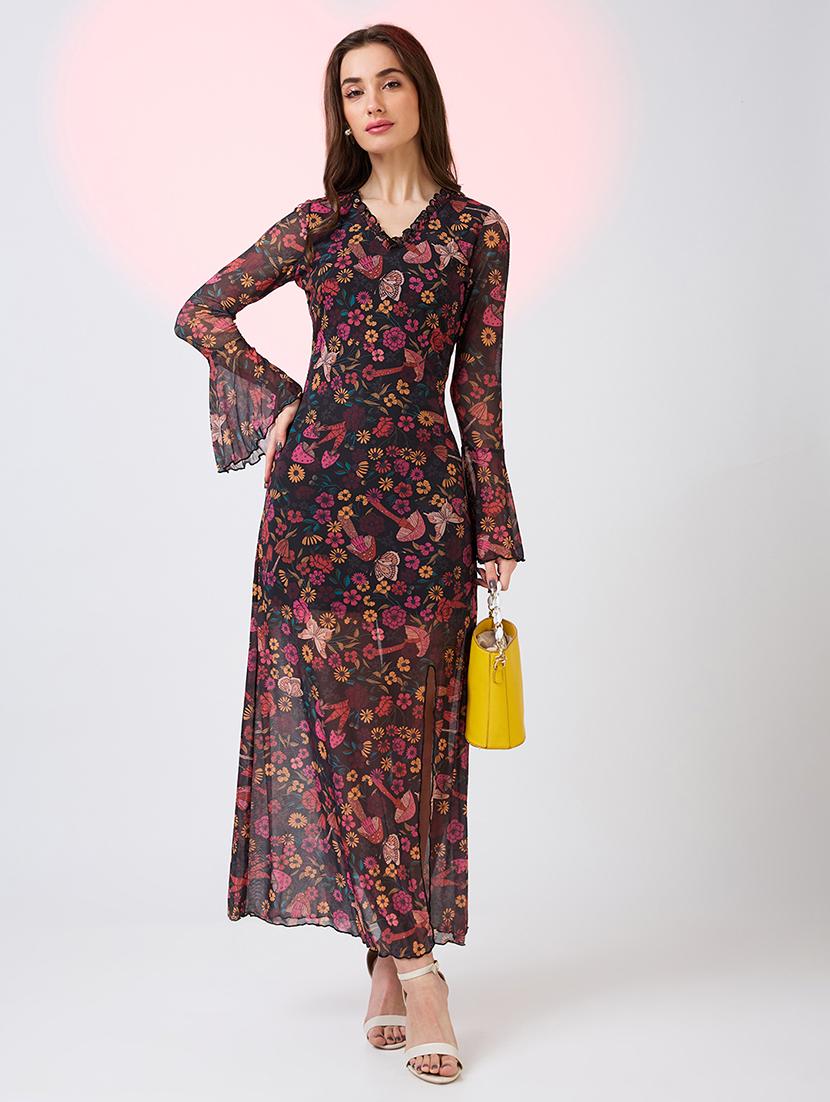 globus women multicolor frilled v-neck bell sleeves floral print front slit net midi bodycon party dress - 21718327 - Zoom Image - 0