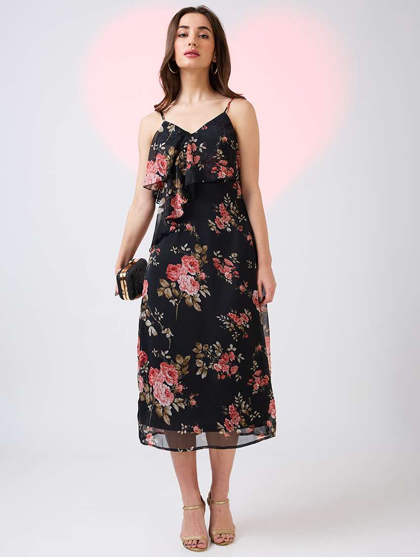 globus women black v-neck strappy shoulder floral print ruffles detail midi a-line party dress