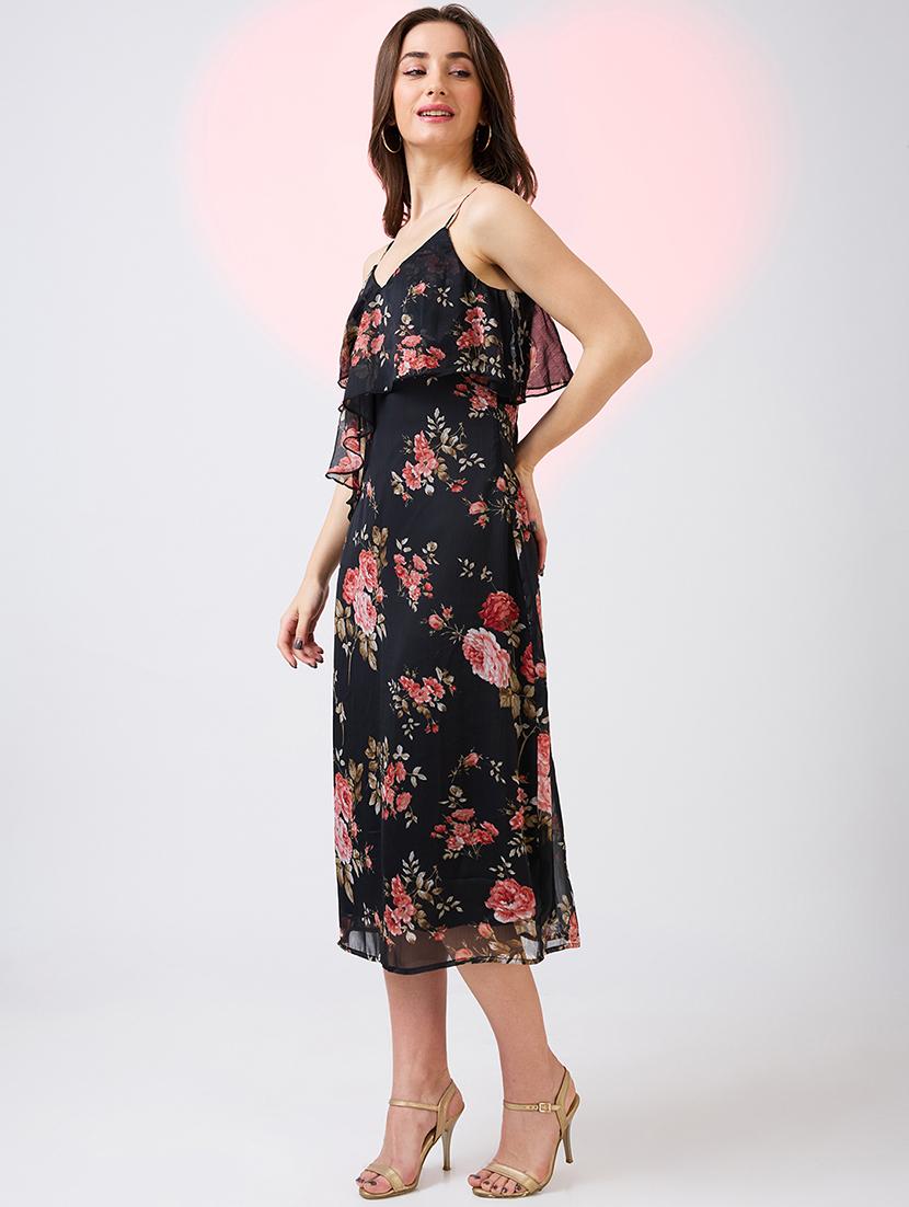 globus women black v-neck strappy shoulder floral print ruffles detail midi a-line party dress - 21718328 - Standard Image - 1