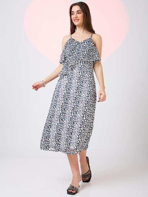 globus women white v-neck strappy shoulder animal print ruffles detail midi a-line party dress - 21718329 - Standard Image - 0